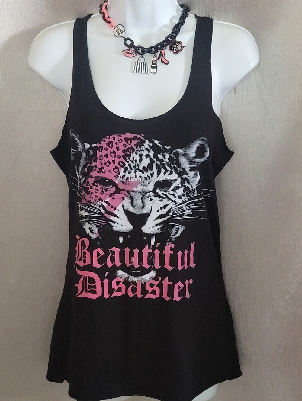Black Tank Top with Pink Leopard Graphic "Beautiful Disaster"